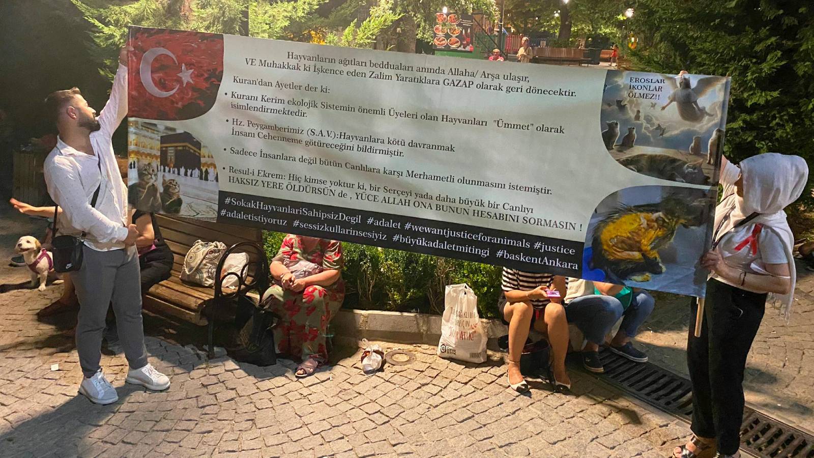 Kuğulu Park’ta sokak hayvanları protestosu: Eyleme bireysel olarak katılan vatandaşlar, dövizlerinde Kuran’dan ayetlere yer verdi